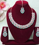 Green color rhodium plating festive wear designer necklace set