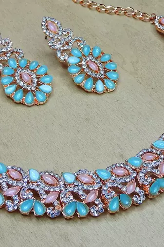 Green color rhodium plating festive wear designer necklace set