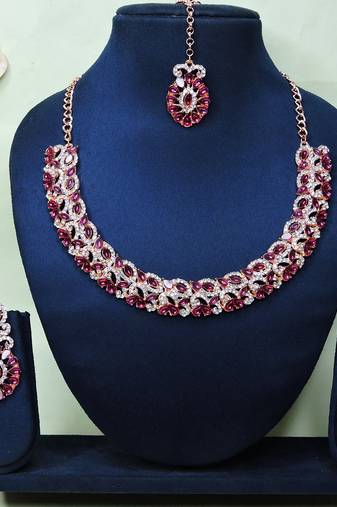 Pink color rhodium plating festive wear designer necklace set