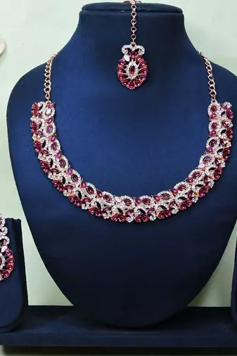 Pink color rhodium plating festive wear designer necklace set
