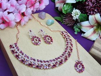 Pink color rhodium plating festive wear designer necklace set 2