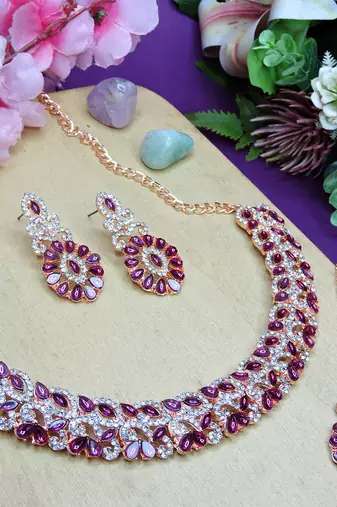 Pink color rhodium plating festive wear designer necklace set