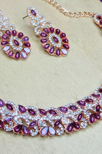 Pink color rhodium plating festive wear designer necklace set