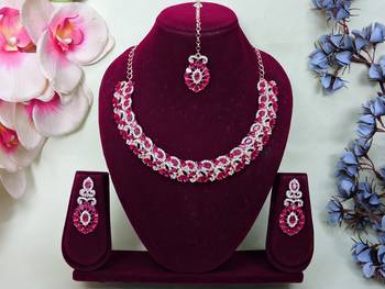 Pink color rhodium plating festive wear designer necklace set 1