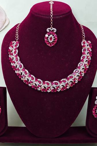 Pink color rhodium plating festive wear designer necklace set