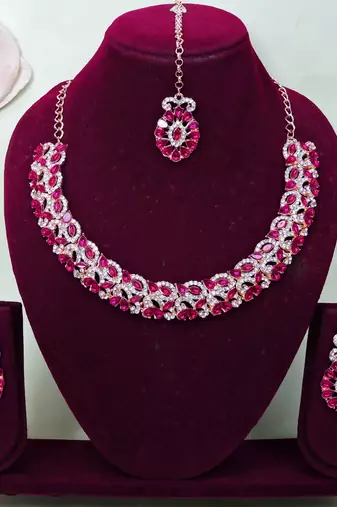 Pink color rhodium plating festive wear designer necklace set