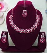 Pink color rhodium plating festive wear designer necklace set