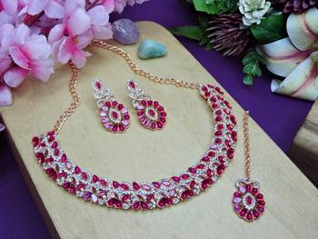 Pink color rhodium plating festive wear designer necklace set 2