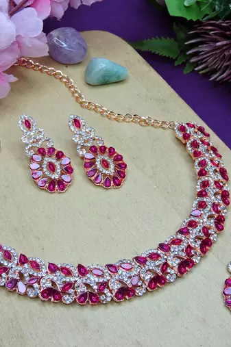 Pink color rhodium plating festive wear designer necklace set
