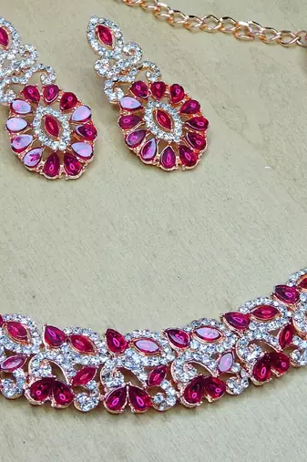 Pink color rhodium plating festive wear designer necklace set