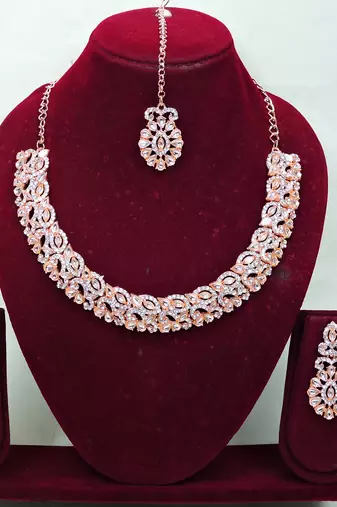 Pink color rhodium plating festive wear designer necklace set