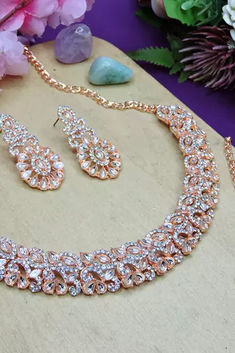 Pink color rhodium plating festive wear designer necklace set