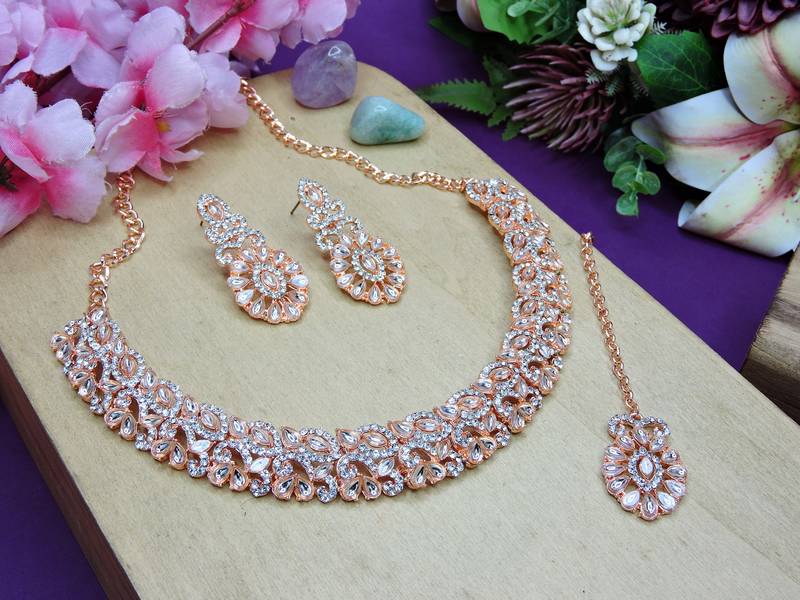 Pink color rhodium plating festive wear designer necklace set