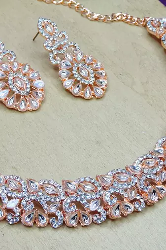 Pink color rhodium plating festive wear designer necklace set