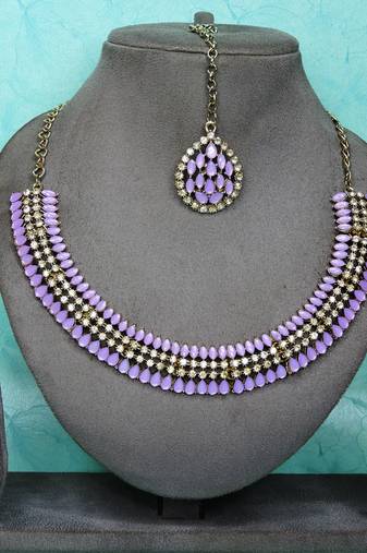 Purple color yellow gold plating festive wear designer necklace set