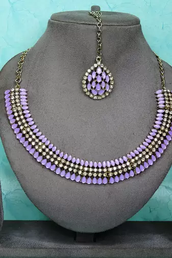 Purple color yellow gold plating festive wear designer necklace set