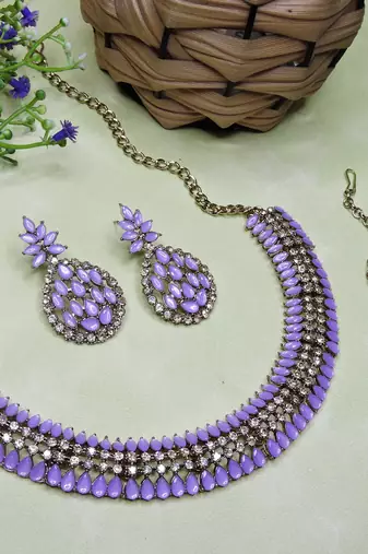 Purple color yellow gold plating festive wear designer necklace set