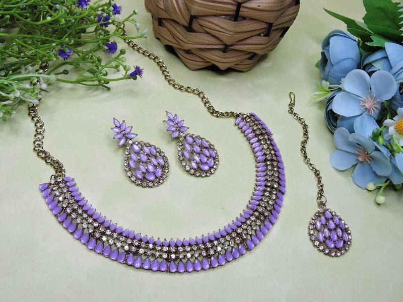 Purple color yellow gold plating festive wear designer necklace set