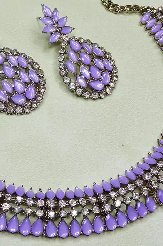 Purple color yellow gold plating festive wear designer necklace set
