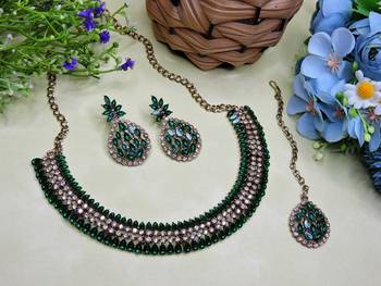 Green color yellow gold plating festive wear designer necklace set 1