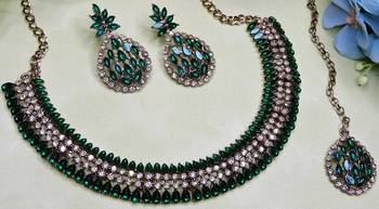 Green color yellow gold plating festive wear designer necklace set 2