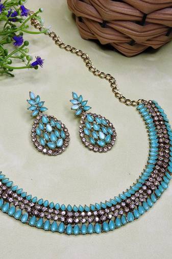 Green color yellow gold plating festive wear designer necklace set