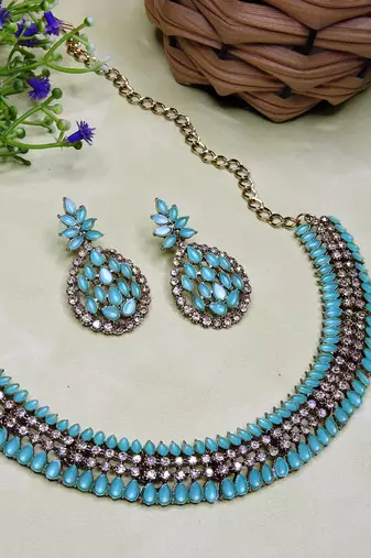 Green color yellow gold plating festive wear designer necklace set