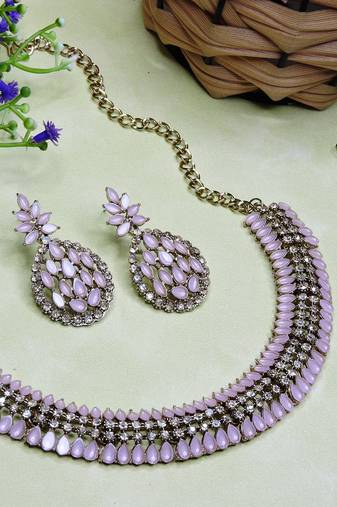 Pink color yellow gold plating festive wear designer necklace set