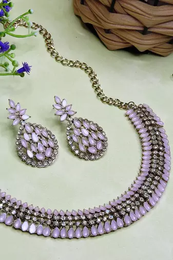 Pink color yellow gold plating festive wear designer necklace set