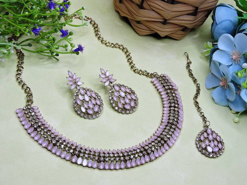 Pink color yellow gold plating festive wear designer necklace set