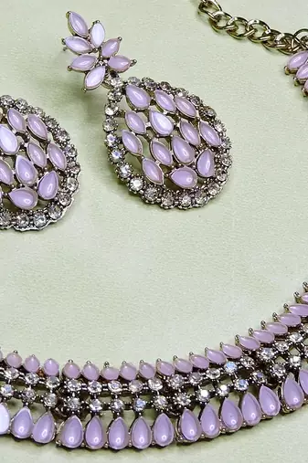 Pink color yellow gold plating festive wear designer necklace set