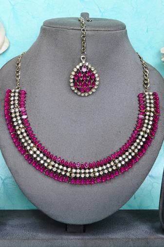Pink color yellow gold plating festive wear designer necklace set