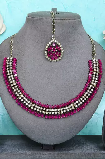 Pink color yellow gold plating festive wear designer necklace set