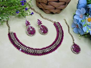 Pink color yellow gold plating festive wear designer necklace set 2