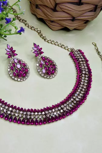 Pink color yellow gold plating festive wear designer necklace set
