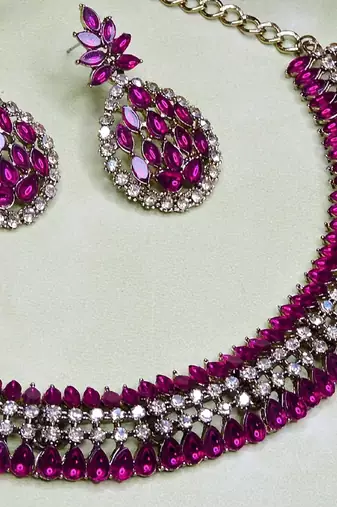 Pink color yellow gold plating festive wear designer necklace set