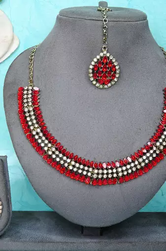 Red color yellow gold plating festive wear designer necklace set