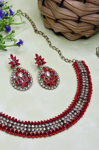Red color yellow gold plating festive wear designer necklace set