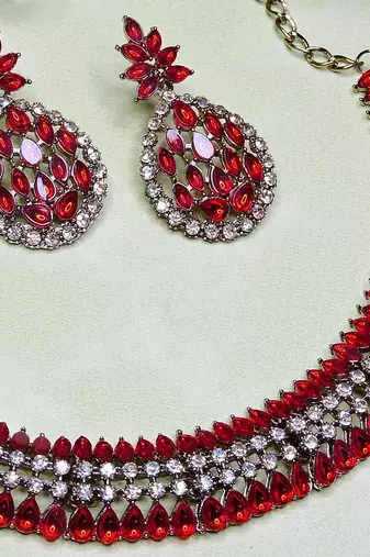 Red color yellow gold plating festive wear designer necklace set