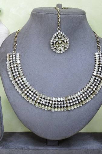 White color yellow gold plating festive wear designer necklace set