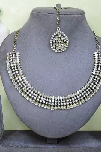 White color yellow gold plating festive wear designer necklace set