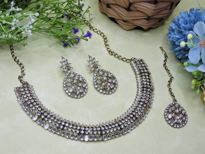 White color yellow gold plating festive wear designer necklace set