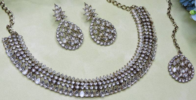 White color yellow gold plating festive wear designer necklace set