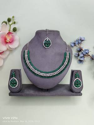 Green color rhodium plating festive wear designer necklace set 1