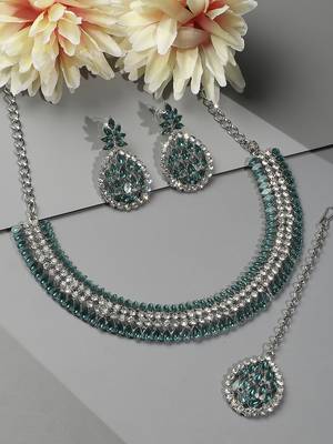 Green color rhodium plating festive wear designer necklace set 2