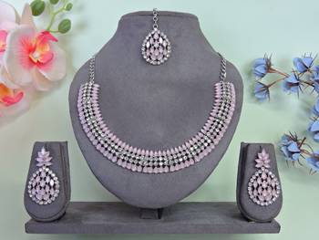 Pink color rhodium plating festive wear designer necklace set 1