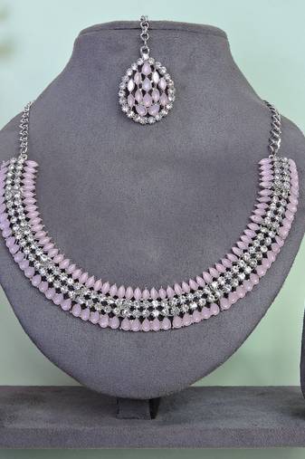 Pink color rhodium plating festive wear designer necklace set