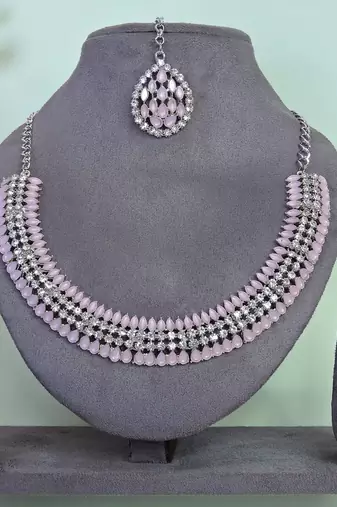 Pink color rhodium plating festive wear designer necklace set