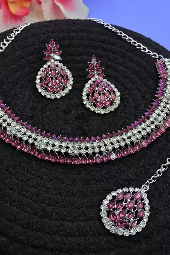 Purple color rhodium plating festive wear designer necklace set