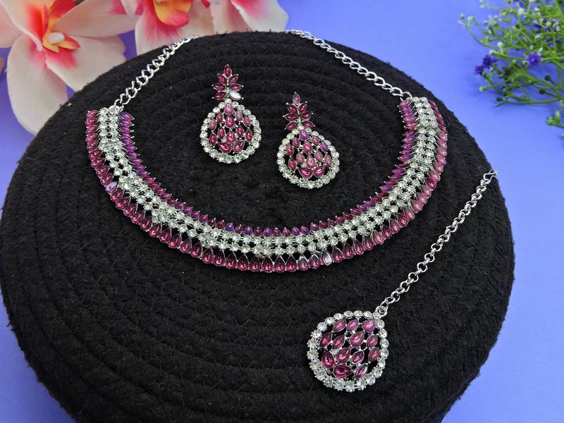 Purple color rhodium plating festive wear designer necklace set